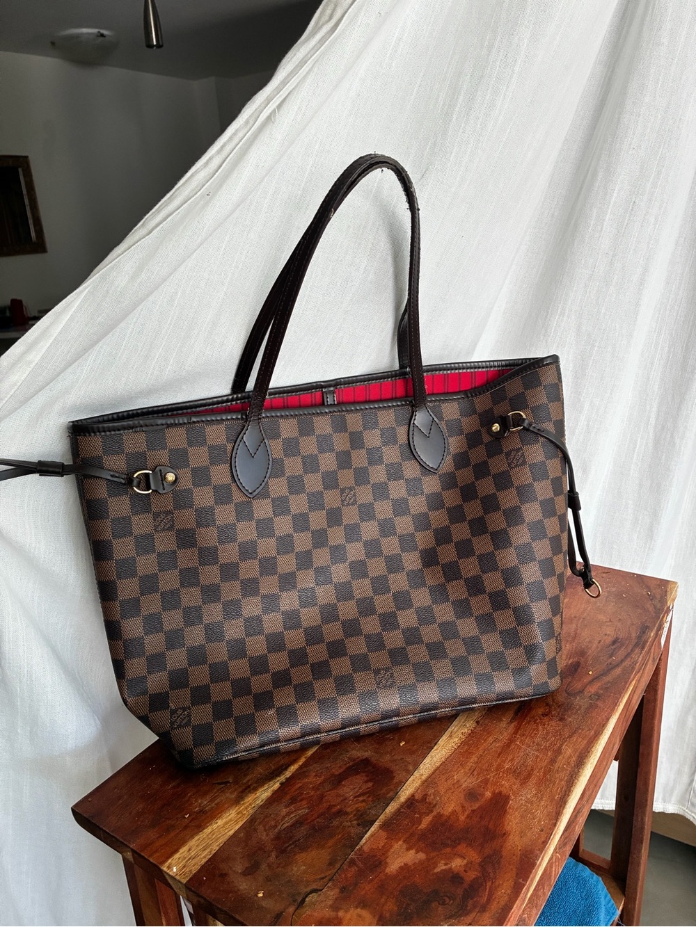 Louis Vuitton Brown Checkered Tote with Red Interior